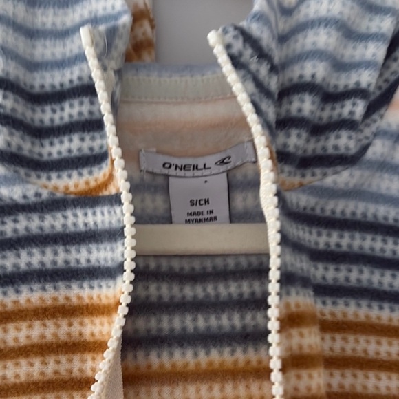 O'Neill half Zip pullover with hood 2 front side pockets cream blue brown strip - Picture 4 of 6